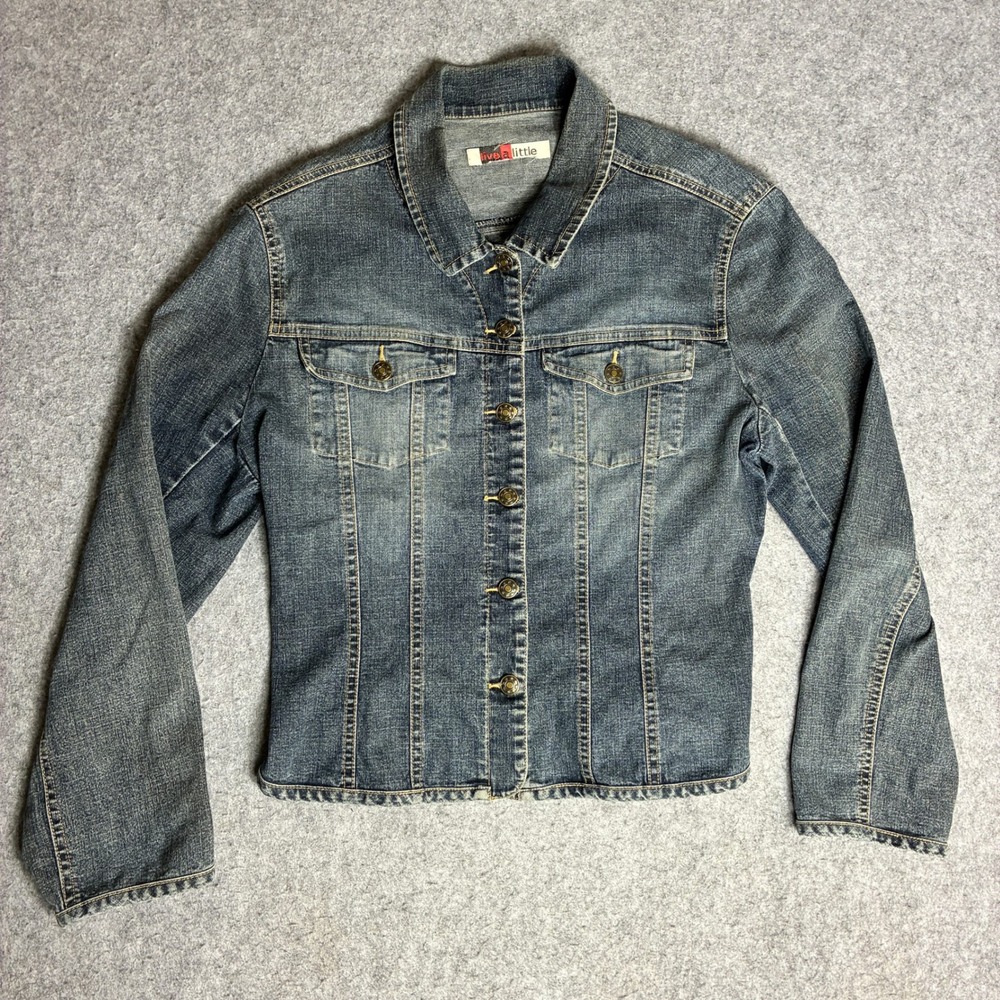 Live a Little Womens Small Denim Button Up Trucker Jacket Medium Wash Blue Faded